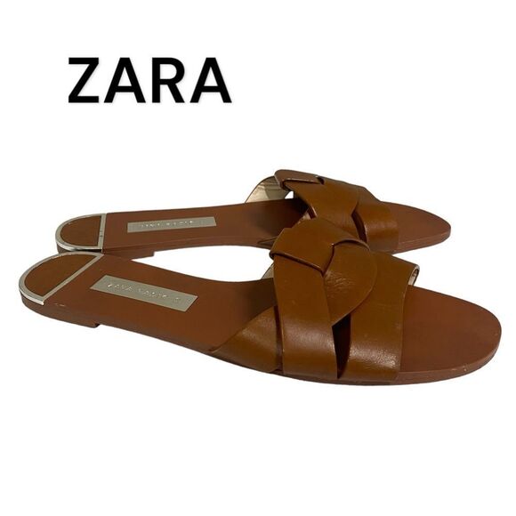 Zara Women’s Cognac Brown Slides Sandals Size 39 - Picture 1 of 7